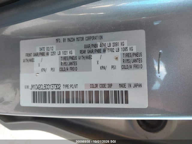 30098958 :رقم المزاد ، JM1CW2CL6C0137302 vin ، 2012 Mazda 5 مزاد بيع