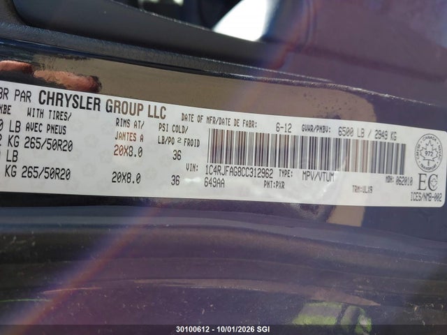 2012 Jeep Grand Cherokee Laredo მანქანა იყიდება აუქციონზე, vin: 1C4RJFAG8CC312962, აუქციონის ნომერი: 30100612