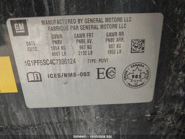 Продаж на аукціоні авто 2012 Chevrolet Cruze Lt, vin: 1G1PF5SC4C7306124, номер лоту: 30098401