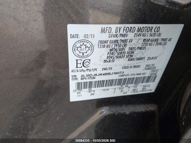 30084335 :رقم المزاد ، 2LMDJ8JK4BBJ16073 vin ، 2011 Lincoln Mkx مزاد بيع