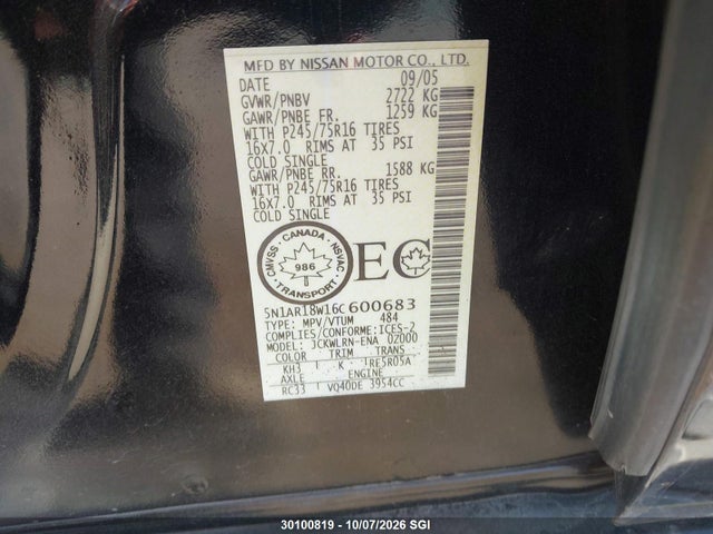 30100819 :رقم المزاد ، 5N1AR18W16C600683 vin ، 2006 Nissan Pathfinder Le/se/xe مزاد بيع