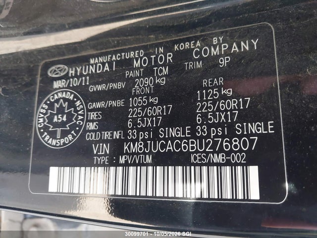 Aukcja sprzedaży 2011 Hyundai Tucson Gls/limited, vin: KM8JUCAC6BU276807, numer aukcji: 30099701