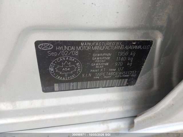 Aukcja sprzedaży 2009 Hyundai Sonata Gls, vin: 5NPET46C69H511251, numer aukcji: 30098971