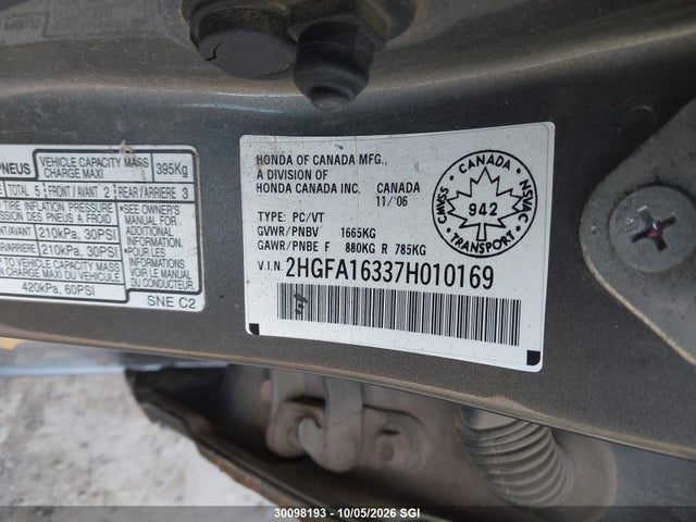 Продаж на аукціоні авто 2007 Honda Civic Dx, vin: 2HGFA16337H010169, номер лоту: 30098193