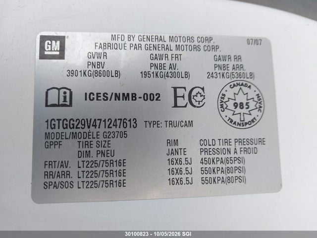30100823 :رقم المزاد ، 1GTGG29V471247613 vin ، 2007 Gmc Savana Standard مزاد بيع