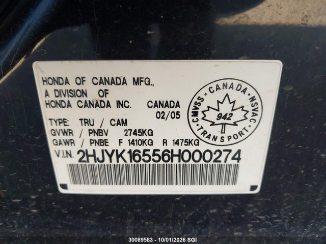 2006 Honda Ridgeline Rtl მანქანა იყიდება აუქციონზე, vin: 2HJYK16556H000274, აუქციონის ნომერი: 30089583