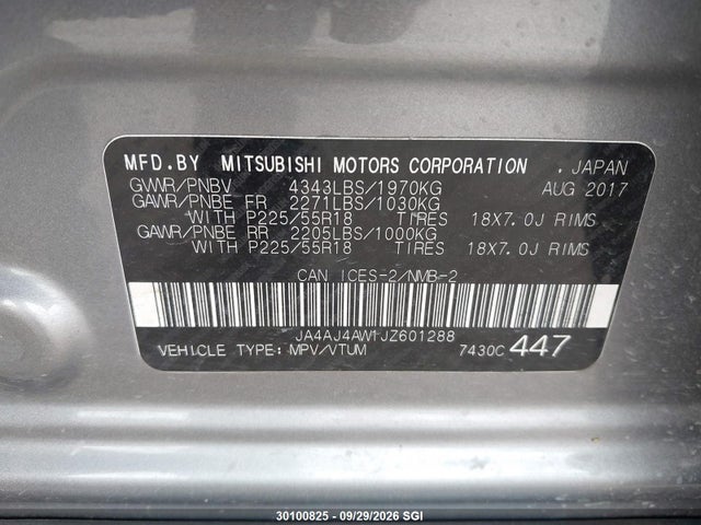 Aukcja sprzedaży 2018 Mitsubishi Rvr Se Limited/gt, vin: JA4AJ4AW1JZ601288, numer aukcji: 30100825