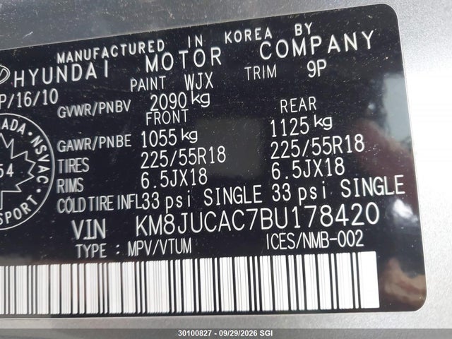 Продаж на аукціоні авто 2011 Hyundai Tucson Gls/limited, vin: KM8JUCAC7BU178420, номер лоту: 30100827