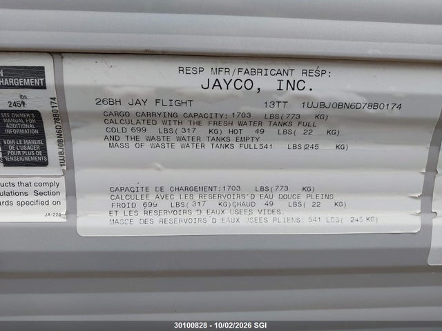 Aukcja sprzedaży 2013 Jayco Jayco, vin: 1UJBJ0BN6D78B0174, numer aukcji: 30100828