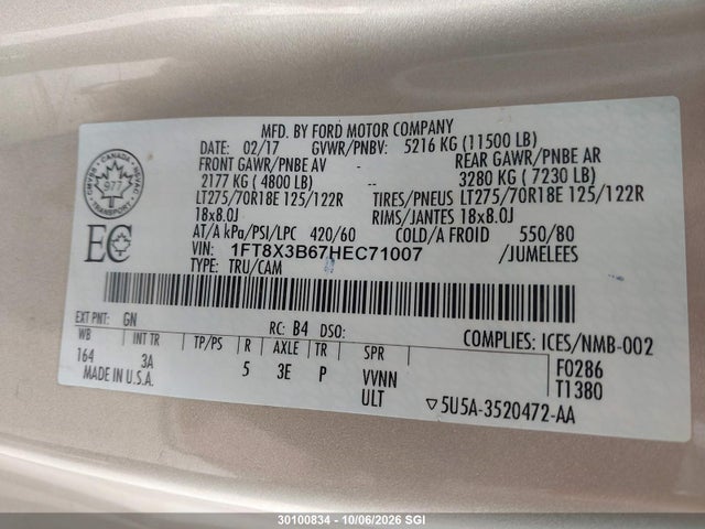 Aukcja sprzedaży 2017 Ford F350 Super Duty, vin: 1FT8X3B67HEC71007, numer aukcji: 30100834