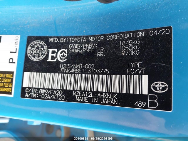 Продажа на аукционе авто 2020 Toyota Corolla Se/xse, vin: JTNK4RBE1L3103775, номер лота: 30100839
