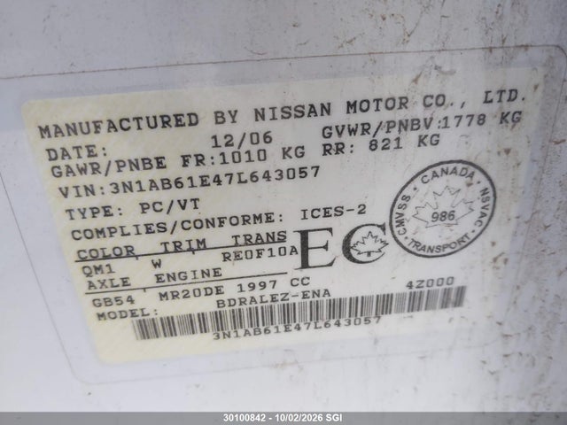 Aukcja sprzedaży 2007 Nissan Sentra 2.0/2.0s/2.0sl, vin: 3N1AB61E47L643057, numer aukcji: 30100842