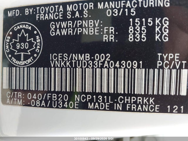 Продаж на аукціоні авто 2015 Toyota Yaris, vin: VNKKTUD33FA043091, номер лоту: 30100843