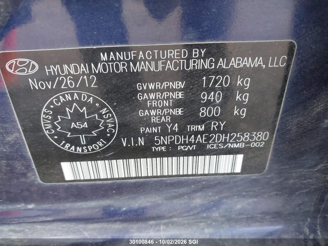 Продаж на аукціоні авто 2013 Hyundai Elantra Gls/limited, vin: 5NPDH4AE2DH258380, номер лоту: 30100846