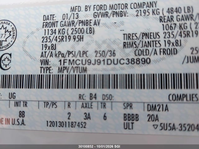 2013 Ford Escape Titanium მანქანა იყიდება აუქციონზე, vin: 1FMCU9J91DUC38890, აუქციონის ნომერი: 30100852