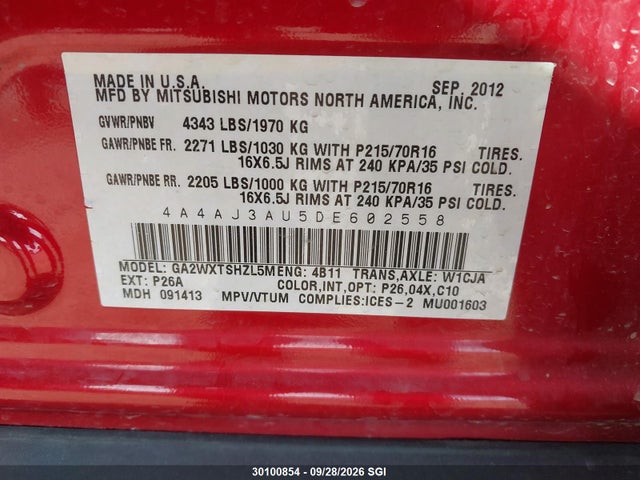 30100854 :رقم المزاد ، 4A4AJ3AU5DE602558 vin ، 2013 Mitsubishi Rvr Se مزاد بيع