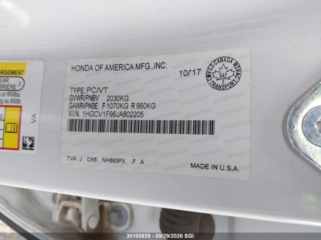 Продаж на аукціоні авто 2018 Honda Accord Touring, vin: 1HGCV1F96JA802205, номер лоту: 30100859