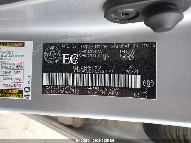 Продаж на аукціоні авто 2017 Toyota Corolla Im, vin: JTNKARJE3HJ536172, номер лоту: 30100860