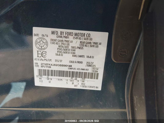 Продаж на аукціоні авто 2016 Ford Edge Sel, vin: 2FMPK4J82GBB90148, номер лоту: 30100863