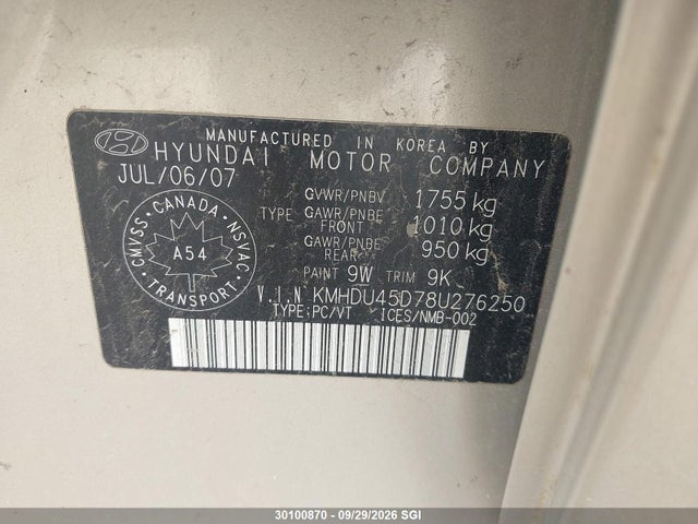 30100870 :رقم المزاد ، KMHDU45D78U276250 vin ، 2008 Hyundai Elantra Gl/gls مزاد بيع