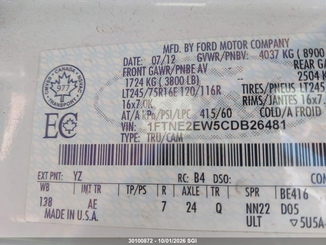 Продаж на аукціоні авто 2012 Ford Econoline E250 Van, vin: 1FTNE2EW5CDB26481, номер лоту: 30100872