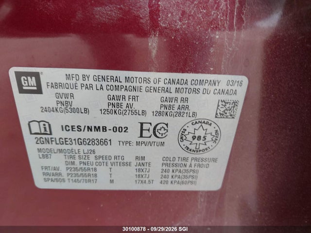 2016 Chevrolet Equinox Ltz მანქანა იყიდება აუქციონზე, vin: 2GNFLGE31G6283661, აუქციონის ნომერი: 30100878