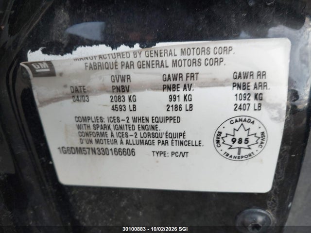 30100883 :رقم المزاد ، 1G6DM57N330166606 vin ، 2003 Cadillac Cts مزاد بيع