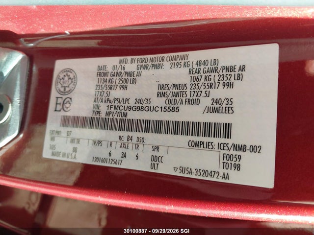 2016 Ford Escape Se მანქანა იყიდება აუქციონზე, vin: 1FMCU9G98GUC15585, აუქციონის ნომერი: 30100887