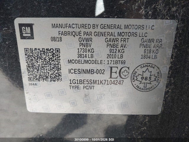 Продаж на аукціоні авто 2019 Chevrolet Cruze Lt, vin: 1G1BE5SM1K7104247, номер лоту: 30100899