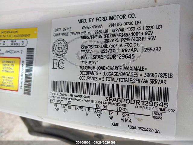 2013 Ford Fusion Titanium მანქანა იყიდება აუქციონზე, vin: 3FA6P0D96DR129645, აუქციონის ნომერი: 30100902