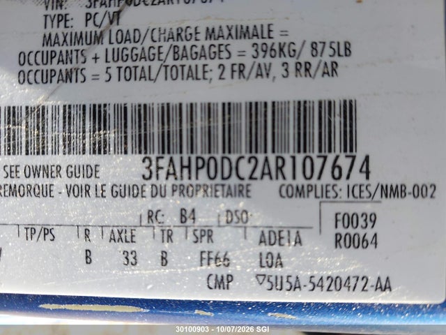 30100903 :رقم المزاد ، 3FAHP0DC2AR107674 vin ، 2010 Ford Fusion Sport مزاد بيع