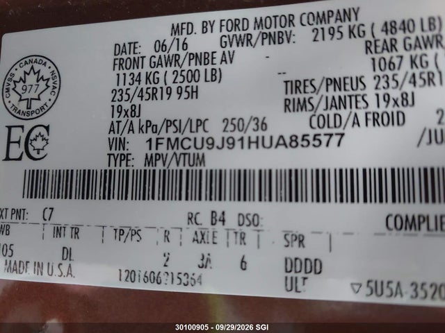 Продаж на аукціоні авто 2017 Ford Escape Titanium, vin: 1FMCU9J91HUA85577, номер лоту: 30100905