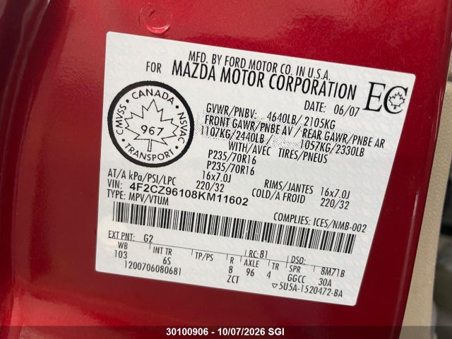 Продажа на аукционе авто 2008 Mazda Tribute S, vin: 4F2CZ96108KM11602, номер лота: 30100906