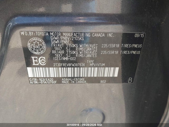 Продажа на аукционе авто 2015 Toyota Rav4 Limited, vin: 2T3DFREV8FW387636, номер лота: 30100916