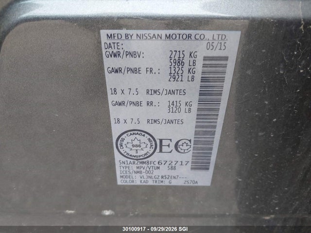 30100917 :رقم المزاد ، 5N1AR2MM8FC672717 vin ، 2015 Nissan Pathfinder S/sv/sl/platinum مزاد بيع