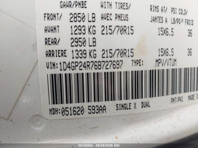 30100920 :رقم المزاد ، 1D4GP24R76B727697 vin ، 2006 Dodge Grand Caravan Se مزاد بيع