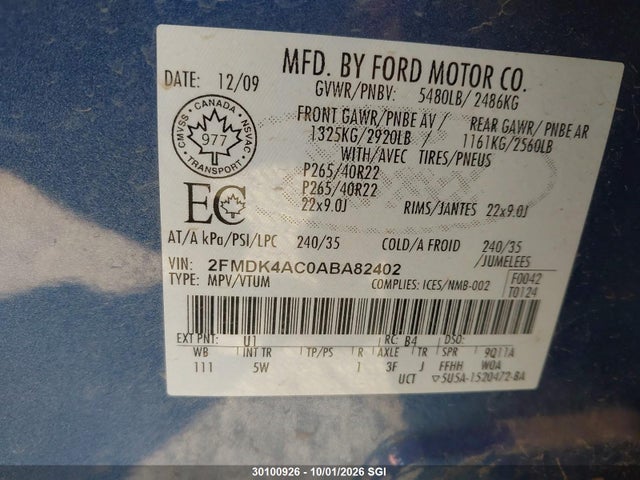 2010 Ford Edge Sport მანქანა იყიდება აუქციონზე, vin: 2FMDK4AC0ABA82402, აუქციონის ნომერი: 30100926