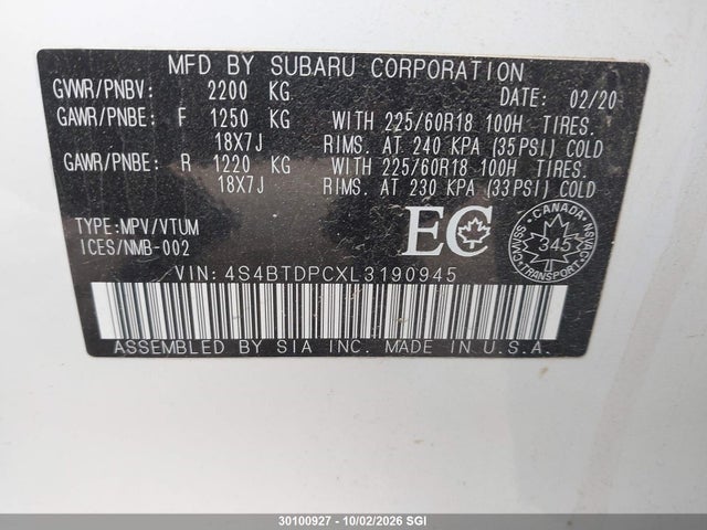 Продажа на аукционе авто 2020 Subaru Outback Premier, vin: 4S4BTDPCXL3190945, номер лота: 30100927