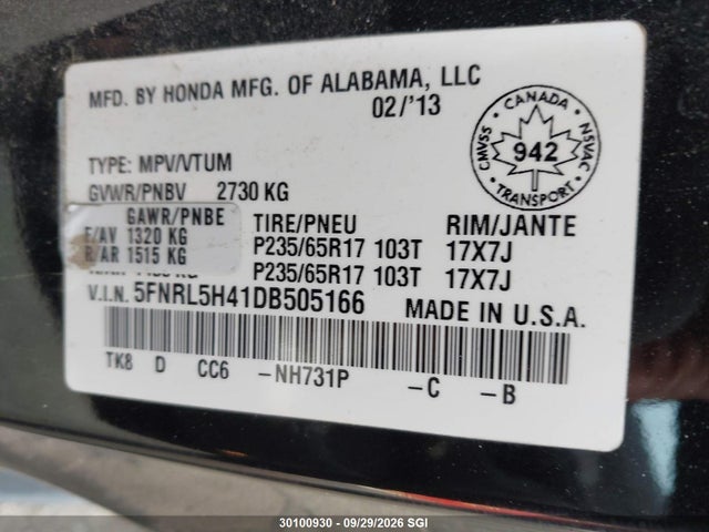 Aukcja sprzedaży 2013 Honda Odyssey Ex, vin: 5FNRL5H41DB505166, numer aukcji: 30100930