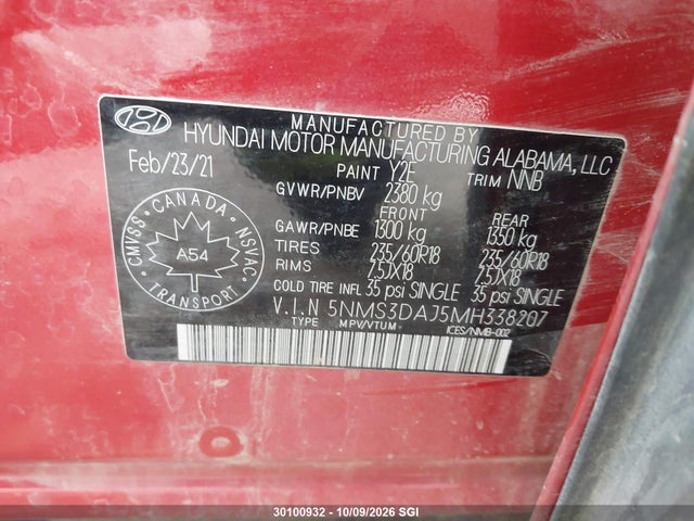 Продаж на аукціоні авто 2021 Hyundai Santa Fe Sel, vin: 5NMS3DAJ5MH338207, номер лоту: 30100932