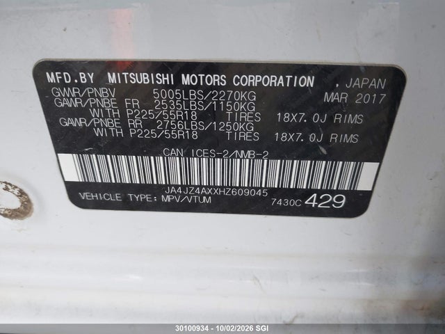 Продаж на аукціоні авто 2017 Mitsubishi Outlander Gt, vin: JA4JZ4AXXHZ609045, номер лоту: 30100934