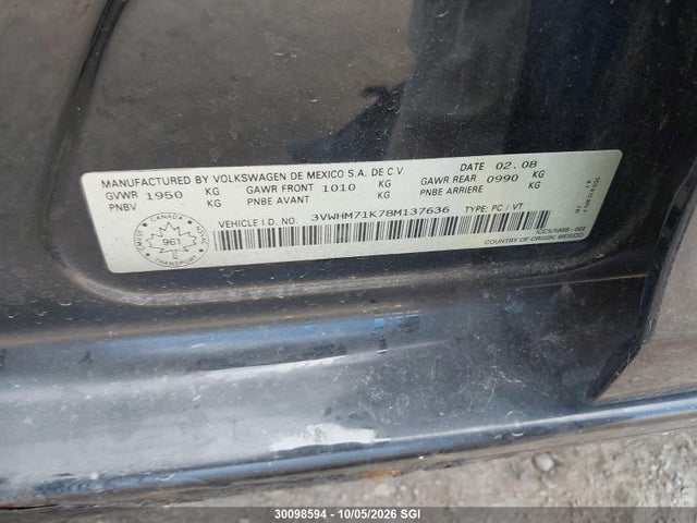 2008 Volkswagen Jetta S მანქანა იყიდება აუქციონზე, vin: 3VWHM71K78M137636, აუქციონის ნომერი: 30098594