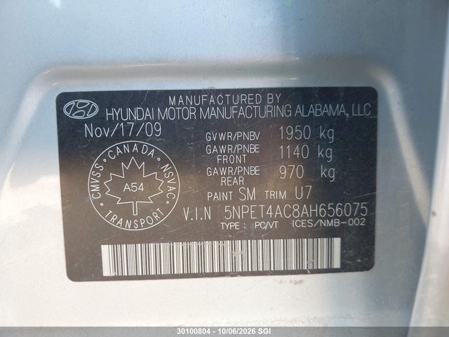 Auction sale of the 2010 Hyundai Sonata Gls, vin: 5NPET4AC8AH656075, lot number: 30100804