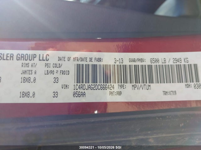 Продажа на аукционе авто 2013 Dodge Durango Sxt, vin: 1C4RDJAG2DC666424, номер лота: 30094321