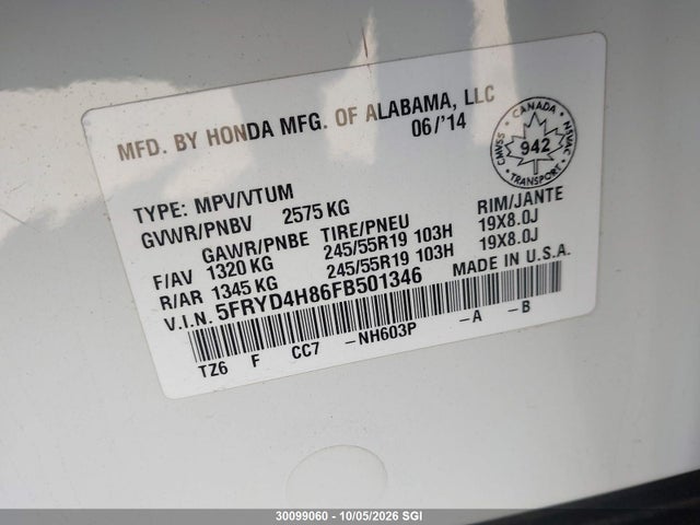 Aukcja sprzedaży 2015 Acura Mdx Advance, vin: 5FRYD4H86FB501346, numer aukcji: 30099060