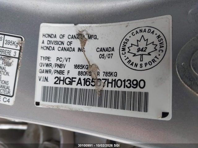 30100991 :رقم المزاد ، 2HGFA16567H101390 vin ، 2007 Honda Civic Lx مزاد بيع
