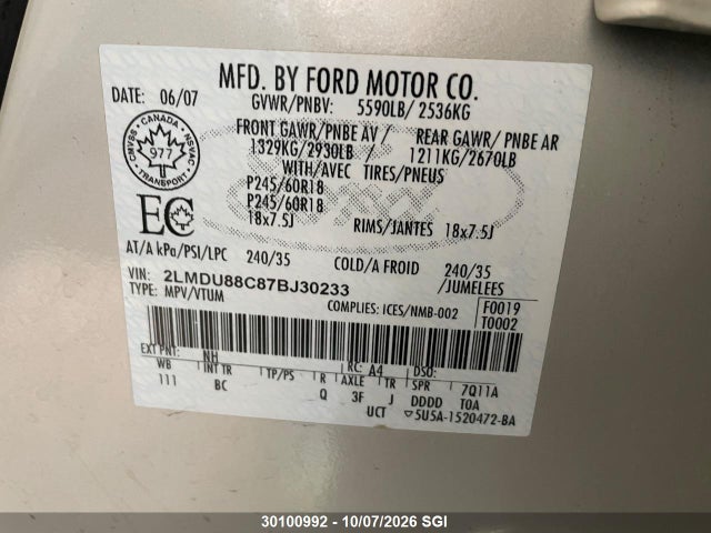 2007 Lincoln Mkx მანქანა იყიდება აუქციონზე, vin: 2LMDU88C87BJ30233, აუქციონის ნომერი: 30100992