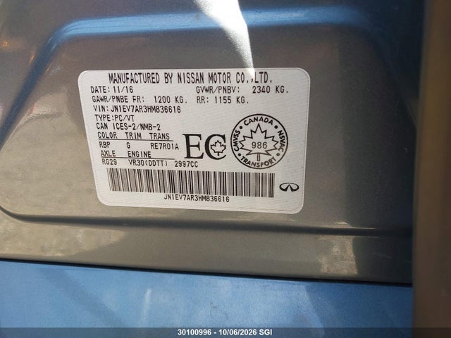 30100996 :رقم المزاد ، JN1EV7AR3HM836616 vin ، 2017 Infiniti Q50 Premium/sport/se مزاد بيع
