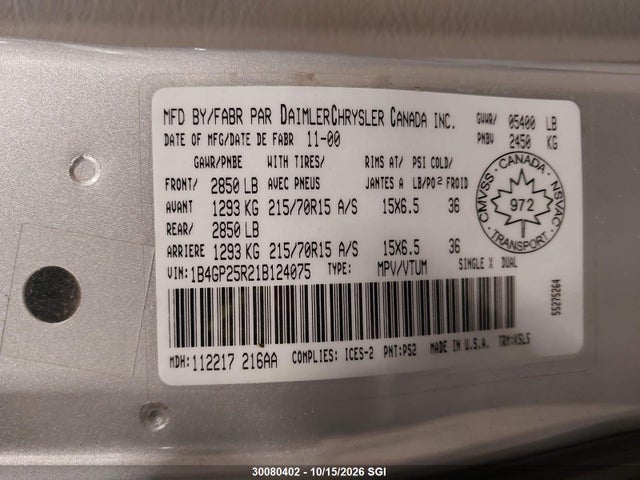 30080402 :رقم المزاد ، 1B4GP25R21B124075 vin ، 2001 Dodge Caravan Se مزاد بيع