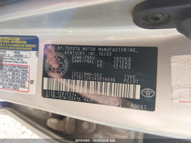 Aukcja sprzedaży 2004 Toyota Camry Le/se/xle, vin: 4T1BE32K34U818696, numer aukcji: 30101005